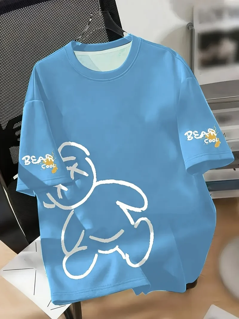 Summer men's round neck breathable T-shirt with cartoon bear print pattern suitable for daily and weekend gifting to friends