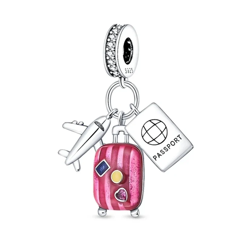 2025 Hot Sale Pink zircon aircraft passport cross Charm Beads Fit 925 Sterling Silver Original women Bracelet DIY Jewelry Gift