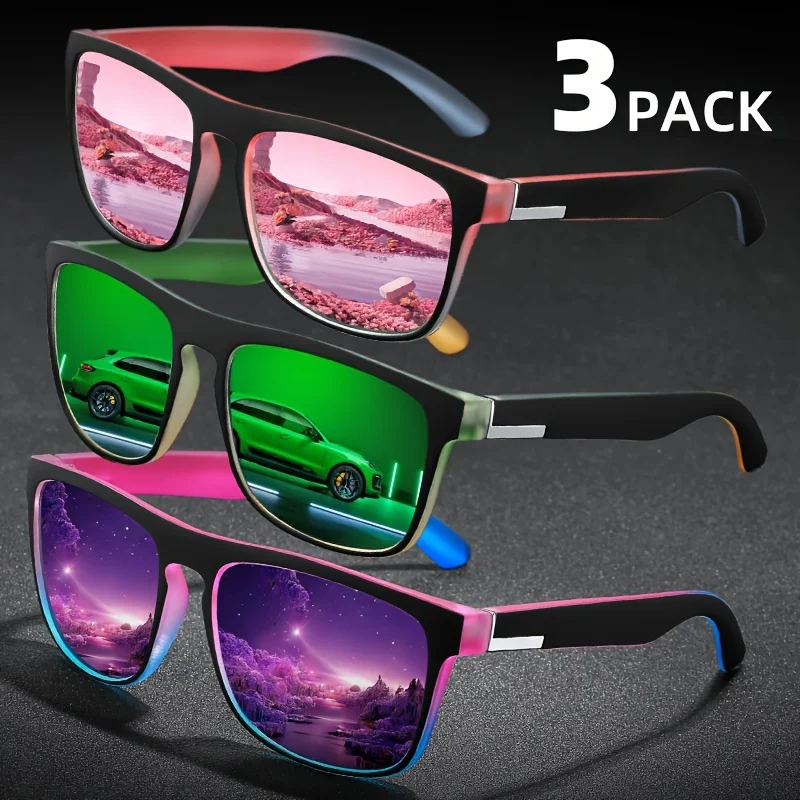 3Pcs Fantasy Gradient Mutipcolor Square Polarized Sunglasses AntiGlare UV400 Glasses Summer Party Driving Fishing Christmas Gift