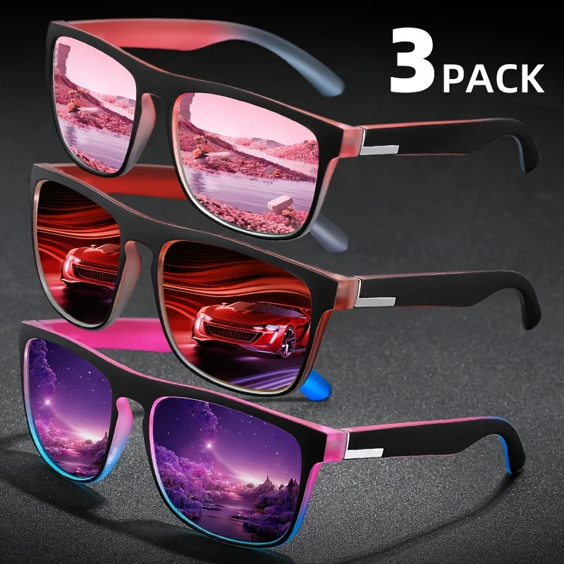 3Pcs Fantasy Gradient Mutipcolor Square Polarized Sunglasses AntiGlare UV400 Glasses Summer Party Driving Fishing Christmas Gift