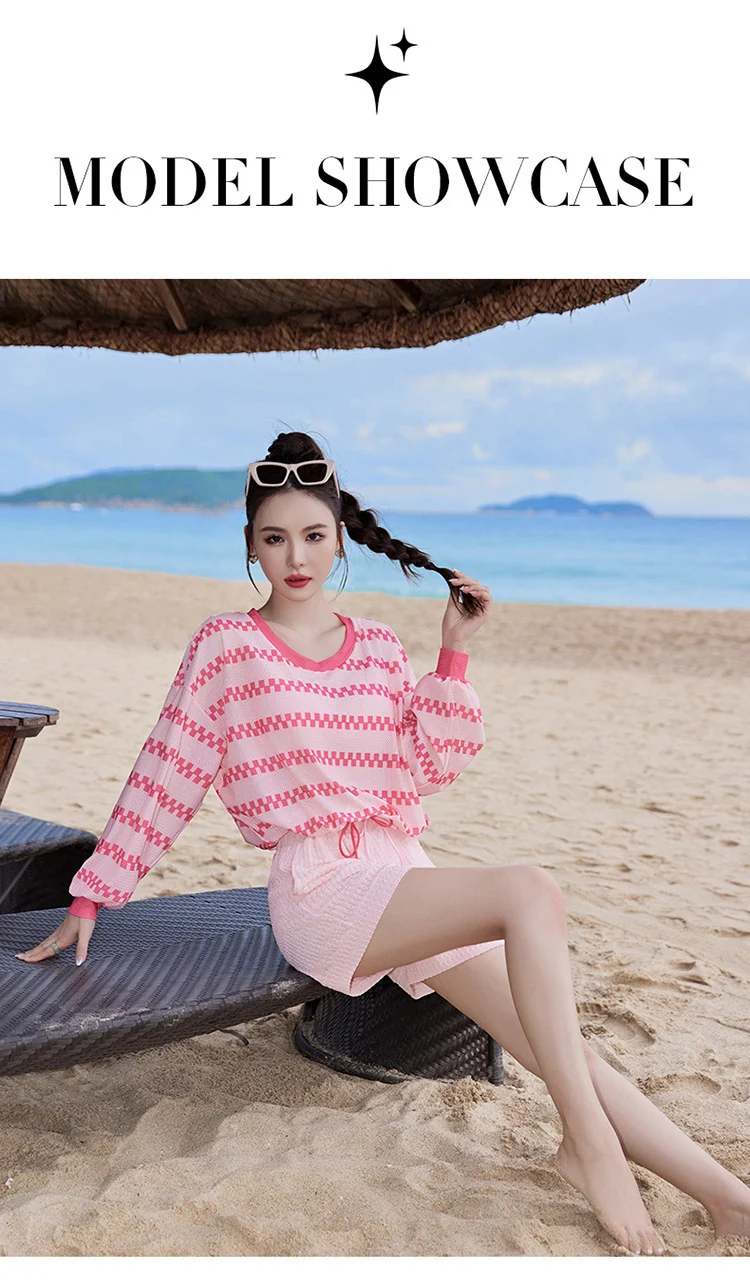 2024 new swimsuit women's split four-piece suit belly covering slimming gathered small chest South Korea ins style Hot Spring