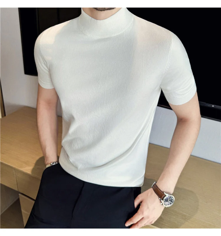 Tiktok Taobao Dropshipping Men's Short-Sleeve Knitwear, Fashionable Versatile Half-Turtleneck Slim-Fit Half-Sleeve Sweater Base Shirt