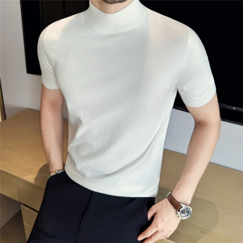 Tiktok Taobao Dropshipping Men's Short-Sleeve Knitwear, Fashionable Versatile Half-Turtleneck Slim-Fit Half-Sleeve Sweater Base Shirt