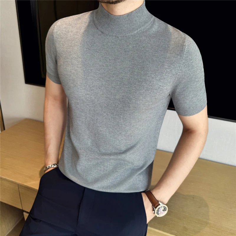 Tiktok Taobao Dropshipping Men's Short-Sleeve Knitwear, Fashionable Versatile Half-Turtleneck Slim-Fit Half-Sleeve Sweater Base Shirt