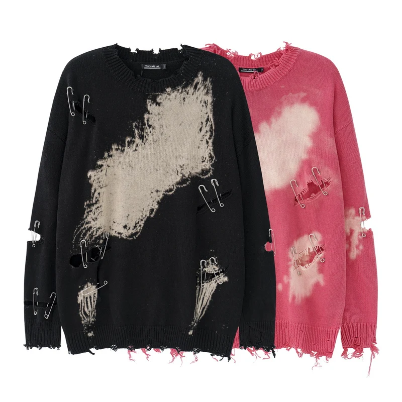 TIDE CARD LOG | Autumn and winter high street fashionable design faded pin ripped couple round neck loose sweater