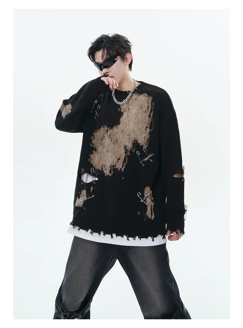TIDE CARD LOG | Autumn and winter high street fashionable design faded pin ripped couple round neck loose sweater