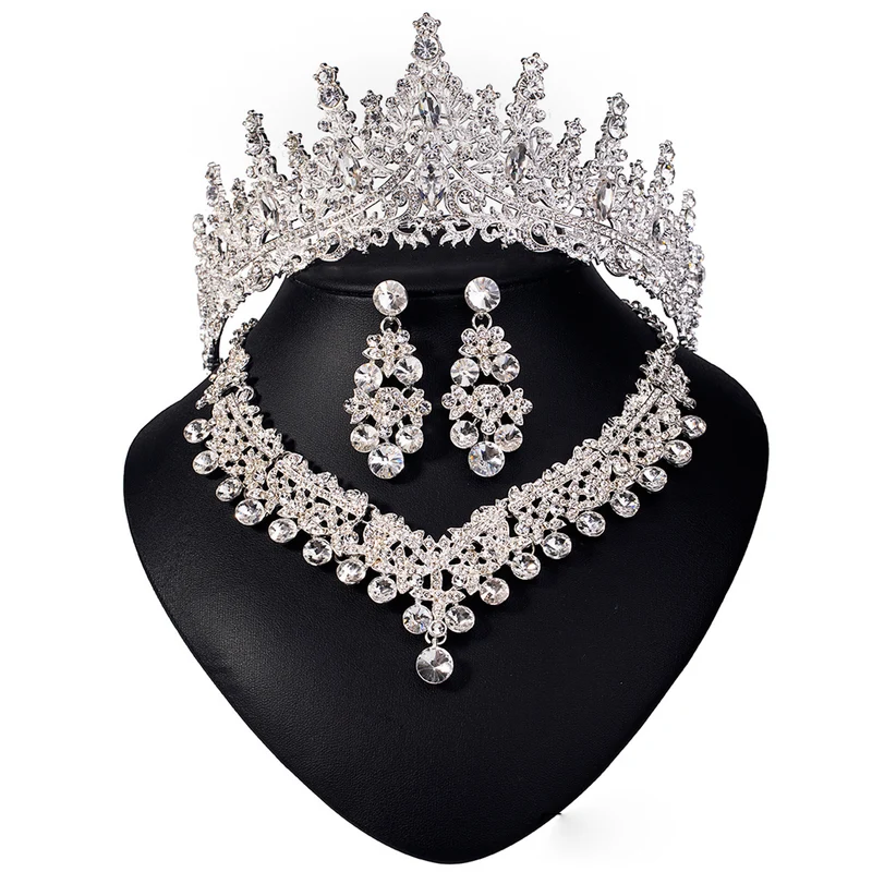European and American Bride Jewelry Three-piece Suit High-class Dance Wedding Jewelry Alloy Diamond Crown Necklace Earrings suit