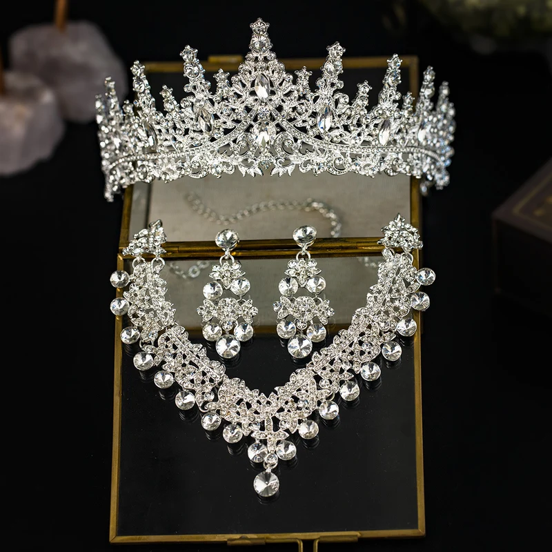European and American Bride Jewelry Three-piece Suit High-class Dance Wedding Jewelry Alloy Diamond Crown Necklace Earrings suit