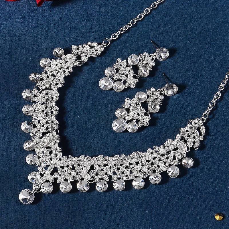 European and American Bride Jewelry Three-piece Suit High-class Dance Wedding Jewelry Alloy Diamond Crown Necklace Earrings suit