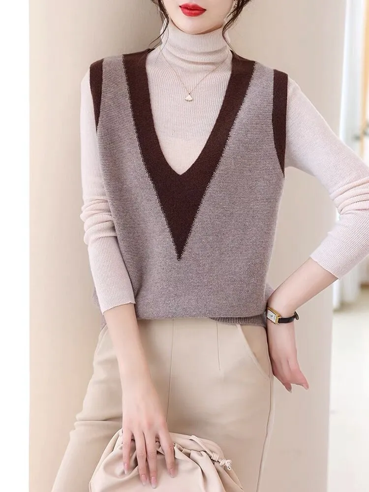 Woolen sweater knitted vest for women 2023 Autumn New sleeveless stacked color matching V-neck wool warm vest waistcoat