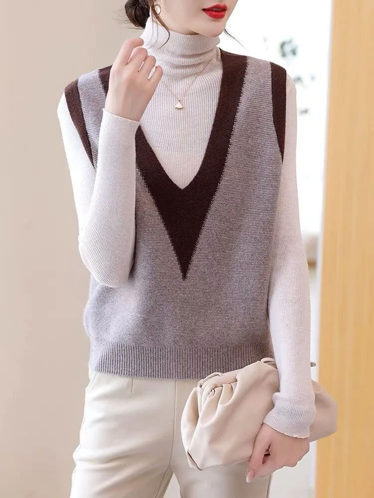 Woolen sweater knitted vest for women 2023 Autumn New sleeveless stacked color matching V-neck wool warm vest waistcoat