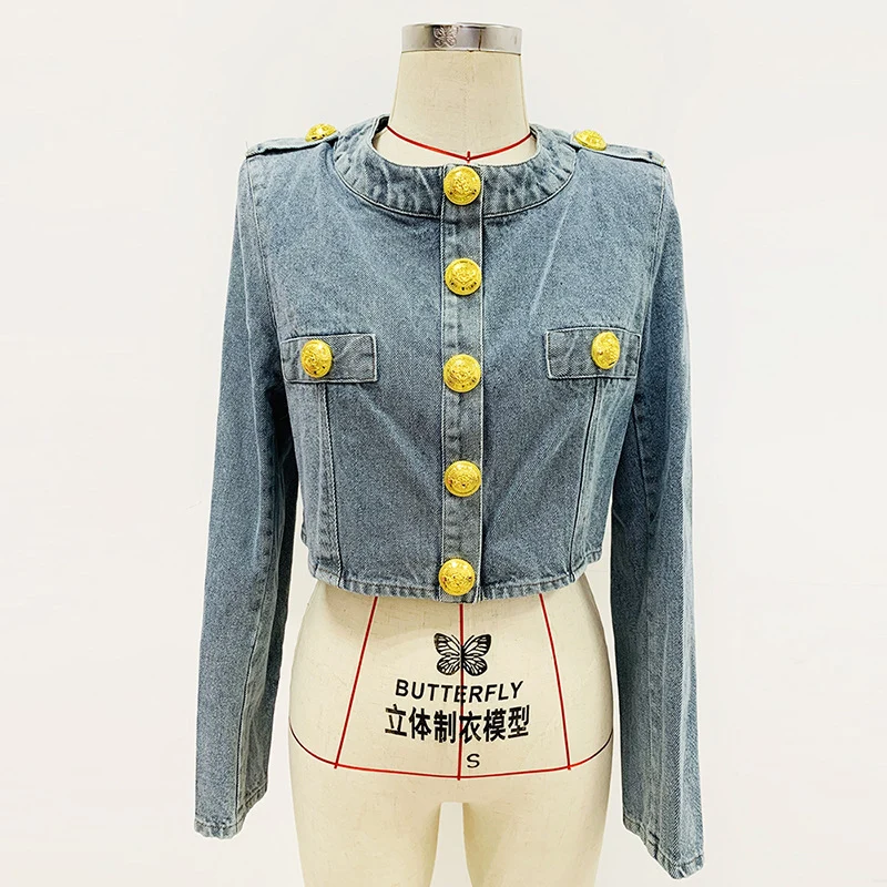 In Stock 2026 European and American Celebrity Style New Round-Neck Lion Buckle Ultra-Short Washed Denim Jacket