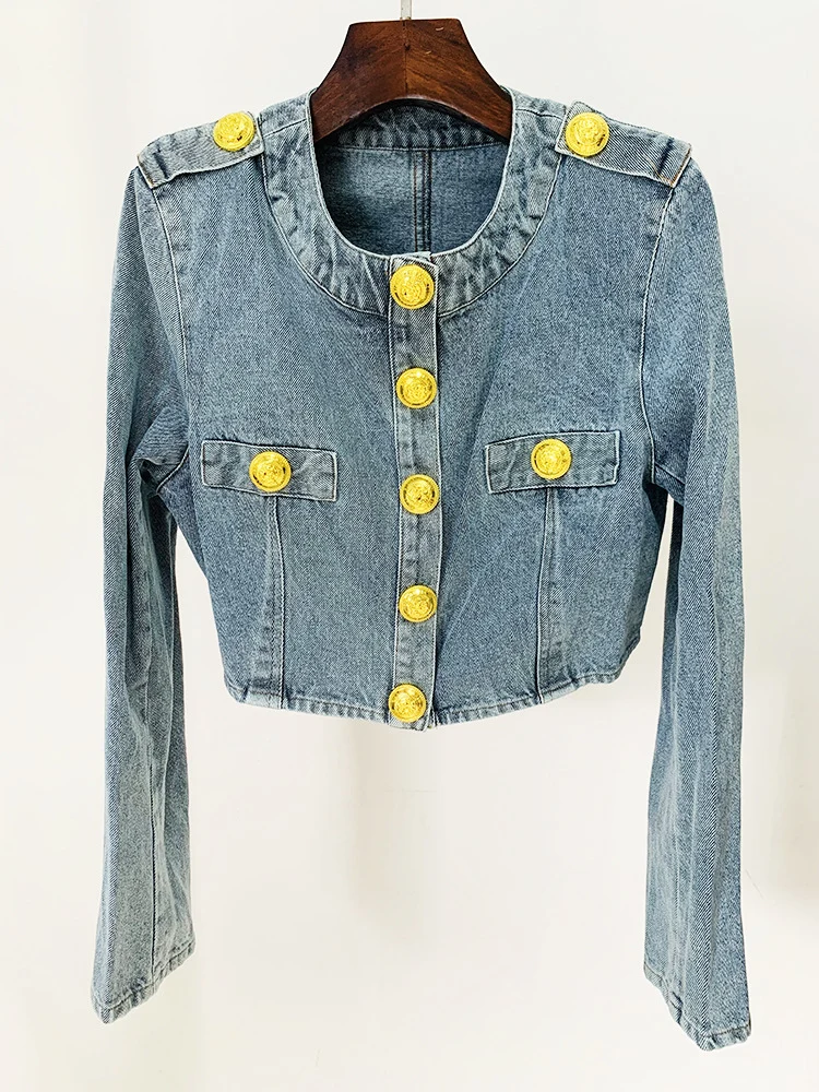 In Stock 2026 European and American Celebrity Style New Round-Neck Lion Buckle Ultra-Short Washed Denim Jacket