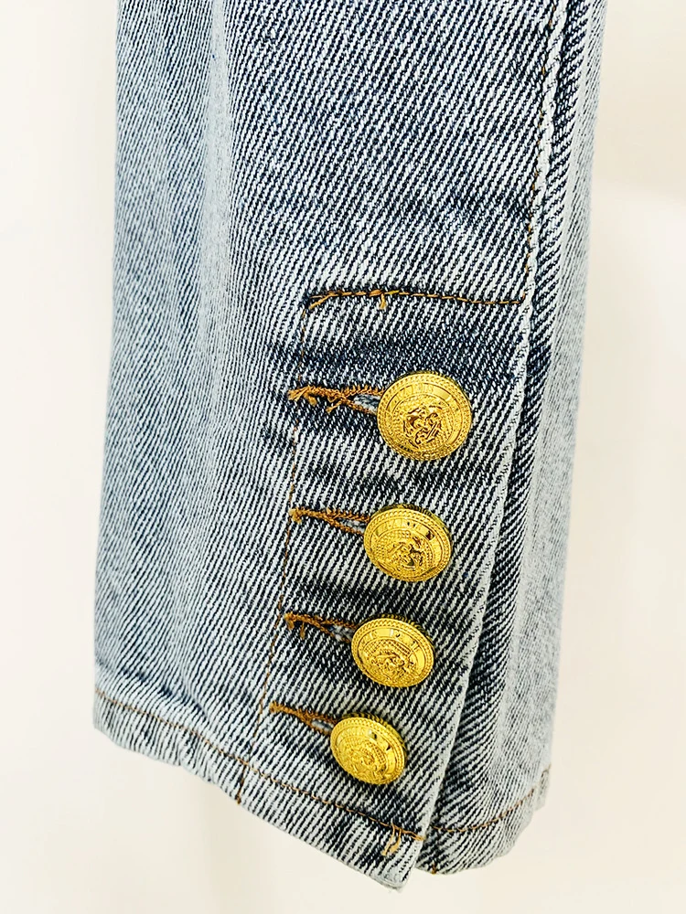 In Stock 2026 European and American Celebrity Style New Round-Neck Lion Buckle Ultra-Short Washed Denim Jacket