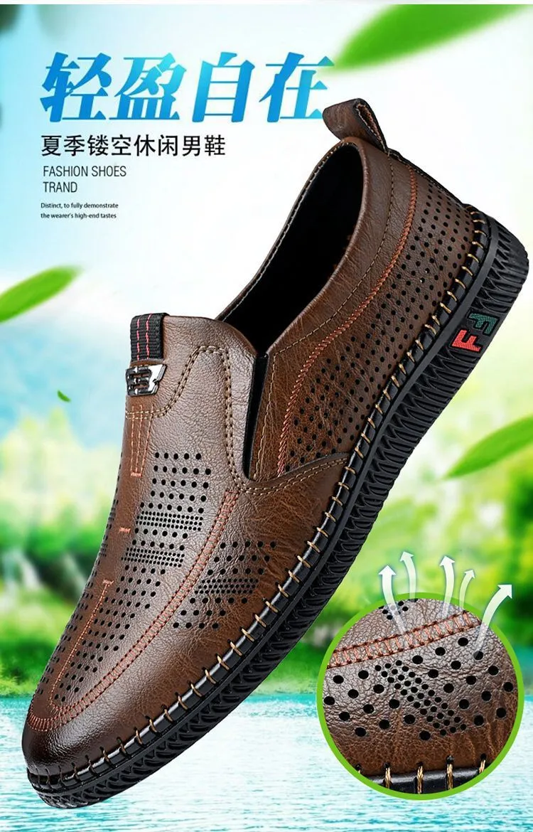 [Broken Size Processing] Leather Shoes Men's Genuine Leather Hole Shoes Dad Shoes Summer Soft Bottom Breathable Lazy Bean Shoes