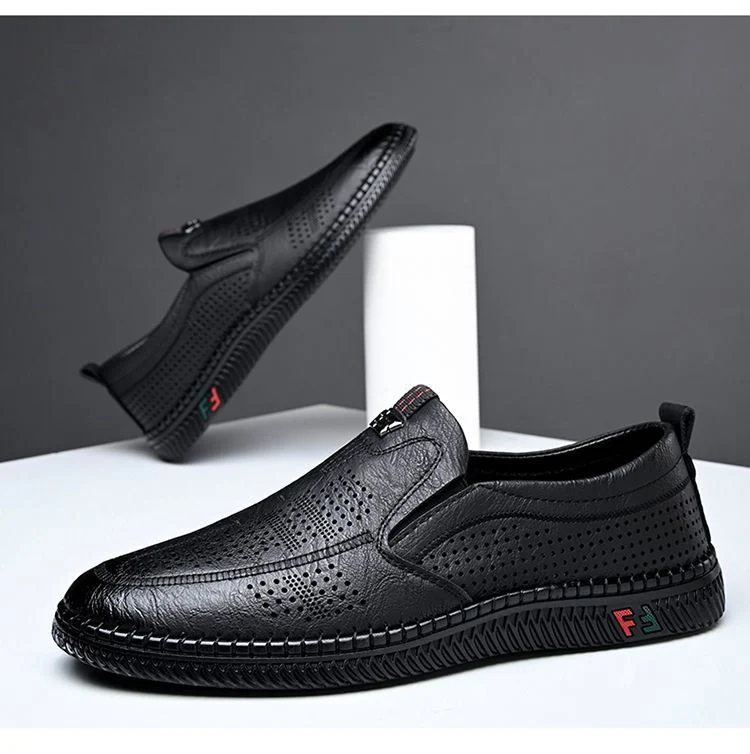[Broken Size Processing] Leather Shoes Men's Genuine Leather Hole Shoes Dad Shoes Summer Soft Bottom Breathable Lazy Bean Shoes