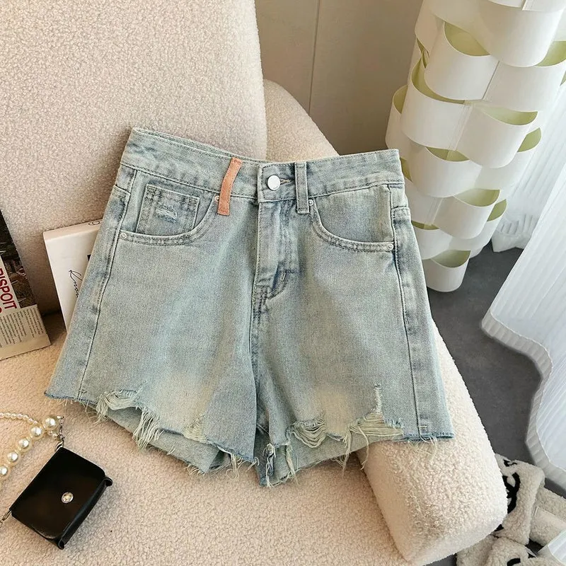 Summer 2023 New High Waist Slimming Design Sense Ripped Wide Leg Denim Shorts Women's Pants All-match Hot Pants