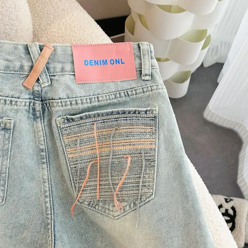 Summer 2023 New High Waist Slimming Design Sense Ripped Wide Leg Denim Shorts Women's Pants All-match Hot Pants