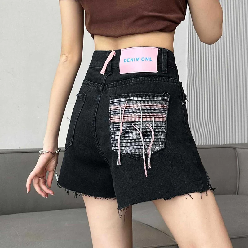 Summer 2023 New High Waist Slimming Design Sense Ripped Wide Leg Denim Shorts Women's Pants All-match Hot Pants