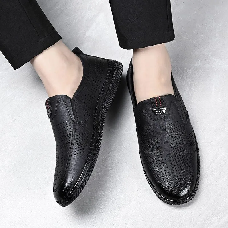 [Broken Size Processing] Leather Shoes Men's Genuine Leather Hole Shoes Dad Shoes Summer Soft Bottom Breathable Lazy Bean Shoes