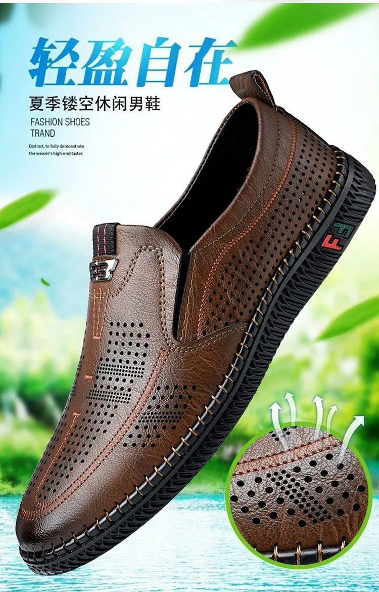 [Broken Size Processing] Leather Shoes Men's Genuine Leather Hole Shoes Dad Shoes Summer Soft Bottom Breathable Lazy Bean Shoes