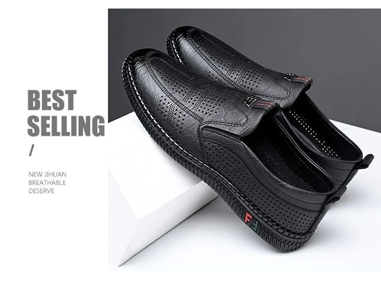 [Broken Size Processing] Leather Shoes Men's Genuine Leather Hole Shoes Dad Shoes Summer Soft Bottom Breathable Lazy Bean Shoes