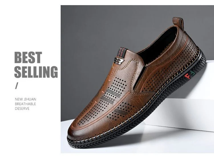 [Broken Size Processing] Leather Shoes Men's Genuine Leather Hole Shoes Dad Shoes Summer Soft Bottom Breathable Lazy Bean Shoes