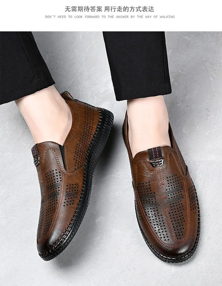 [Broken Size Processing] Leather Shoes Men's Genuine Leather Hole Shoes Dad Shoes Summer Soft Bottom Breathable Lazy Bean Shoes