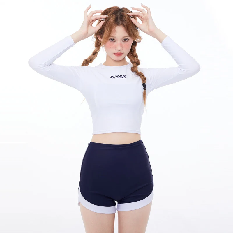 One-Piece Drop-Shipping Japanese and Korean Style Long-Sleeve Swimwear for Women, Two-Piece Conservative Sun-Protective Sports Swimsuit, Fresh Style for Students, Wholesale Swimwear