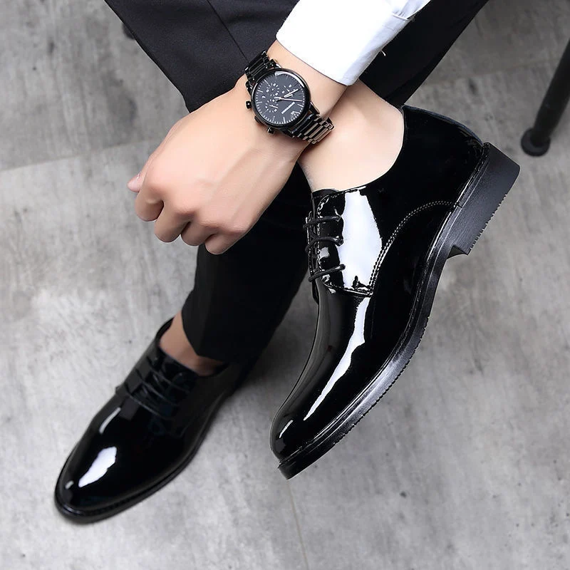 Men's Business Formal Wear Genuine Leather Black Patent Leather Shoes Men's Trendy Shoes for Work Spring and Autumn Korean Style British Pointed Toe Men's Shoes