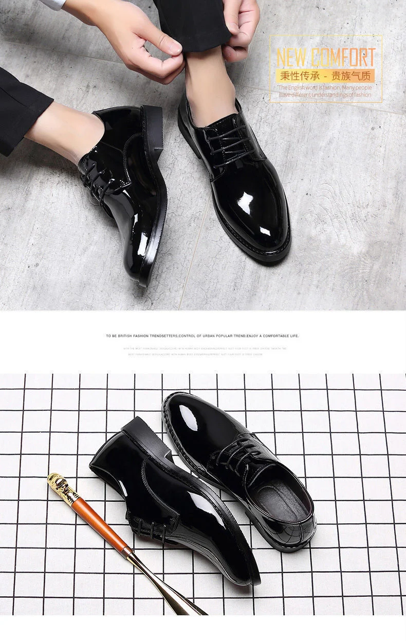 Men's Business Formal Wear Genuine Leather Black Patent Leather Shoes Men's Trendy Shoes for Work Spring and Autumn Korean Style British Pointed Toe Men's Shoes