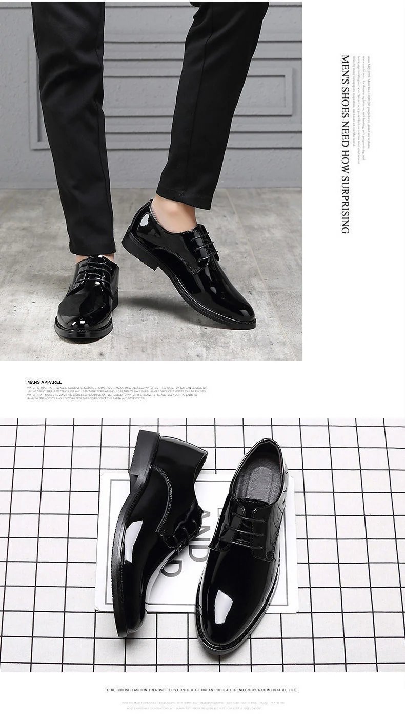 Men's Business Formal Wear Genuine Leather Black Patent Leather Shoes Men's Trendy Shoes for Work Spring and Autumn Korean Style British Pointed Toe Men's Shoes