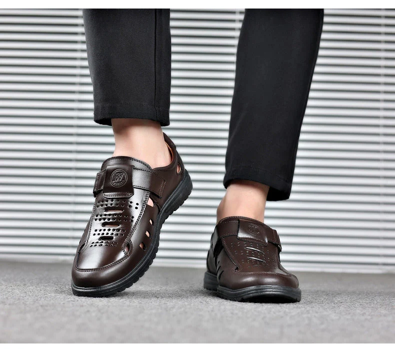 Leather cowhide special clearance shoes hollow leather sandals men's casual hole shoes middle-aged business dad shoes