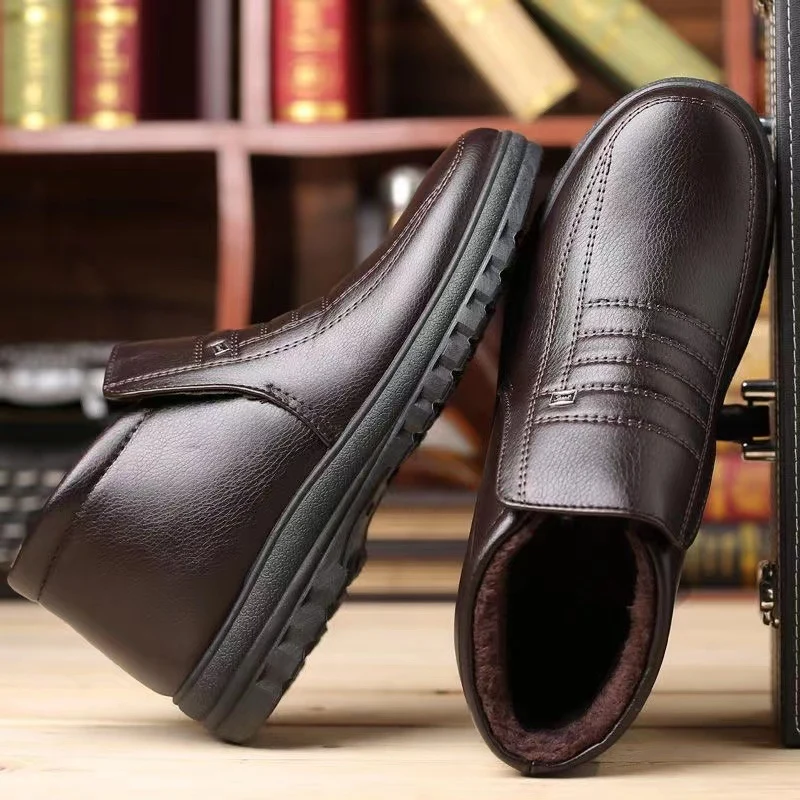 2022 Winter fleece-lined warm plush high-top leather shoes men's middle-aged and elderly dad shoes cotton-padded shoes non-slip slip slip-on men's shoes