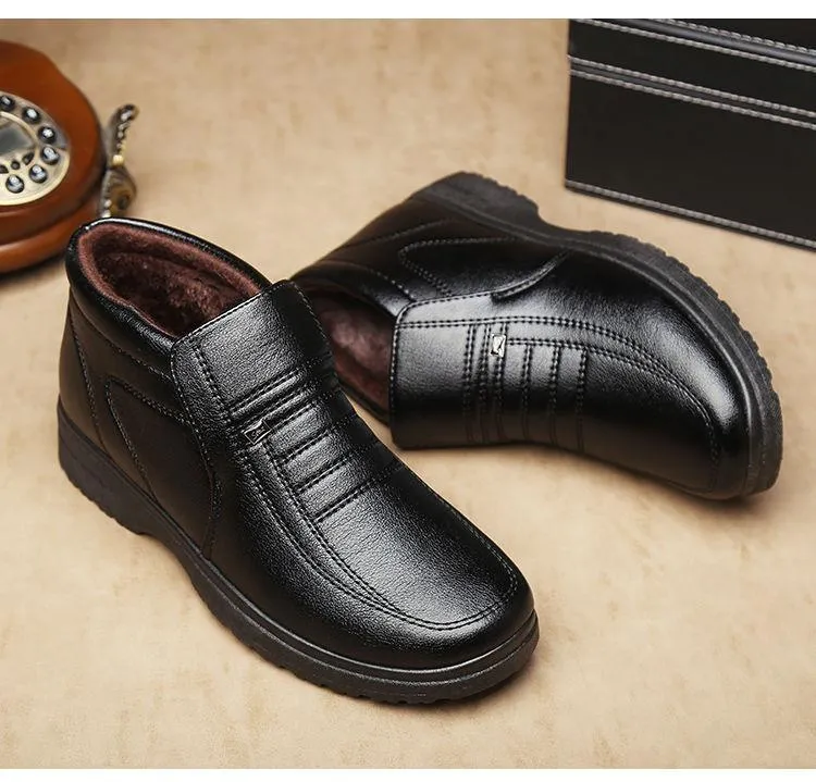 2022 Winter fleece-lined warm plush high-top leather shoes men's middle-aged and elderly dad shoes cotton-padded shoes non-slip slip slip-on men's shoes