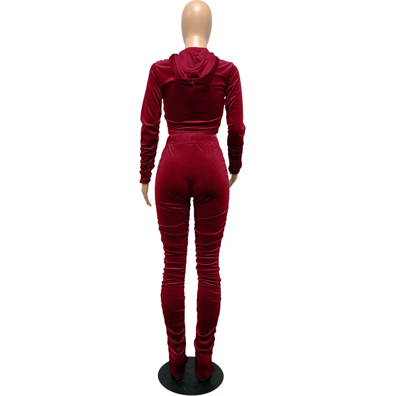 F185 European and American Women's Clothing Amazon Spring Two-piece Korean Velvet Solid Color Long Sleeve Navel Pleated Sports Suit