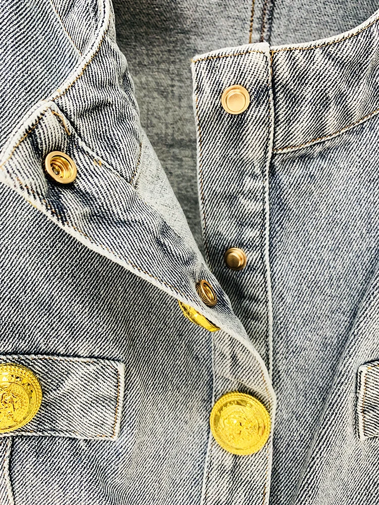 In Stock 2026 European and American Celebrity Style New Round-Neck Lion Buckle Ultra-Short Washed Denim Jacket