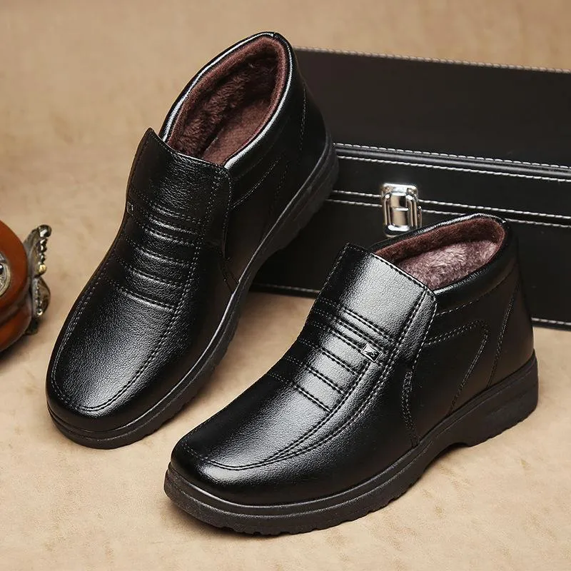 2022 Winter fleece-lined warm plush high-top leather shoes men's middle-aged and elderly dad shoes cotton-padded shoes non-slip slip slip-on men's shoes