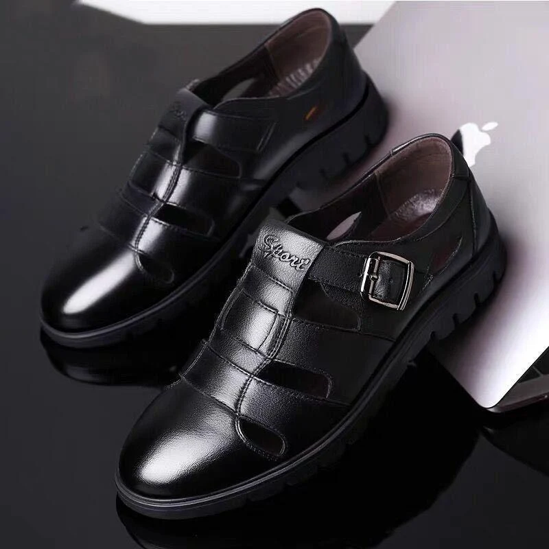 Leather cowhide special clearance shoes hollow leather sandals men's casual hole shoes middle-aged business dad shoes