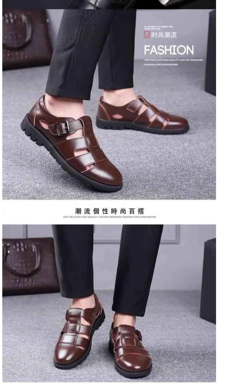 Leather cowhide special clearance shoes hollow leather sandals men's casual hole shoes middle-aged business dad shoes
