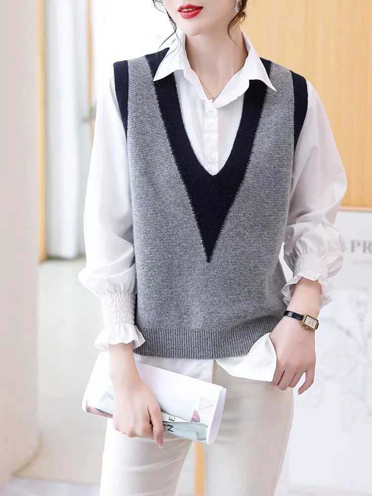 Woolen sweater knitted vest for women 2023 Autumn New sleeveless stacked color matching V-neck wool warm vest waistcoat