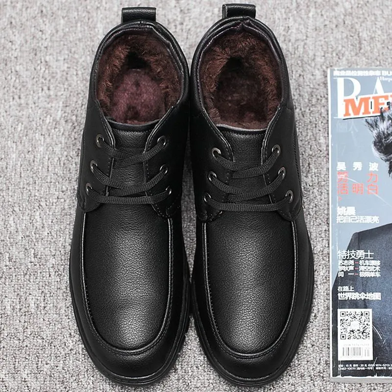 Middle-aged and elderly men's cotton-padded shoes warm leather shoes casual fleece-lined thickened dad shoes non-slip men's snow boots winter men's shoes