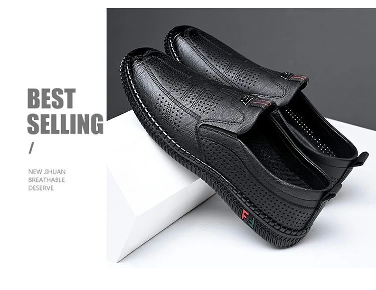 [Broken Size Processing] Leather Shoes Men's Genuine Leather Hole Shoes Dad Shoes Summer Soft Bottom Breathable Lazy Bean Shoes