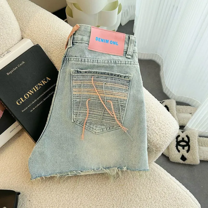 Summer 2023 New High Waist Slimming Design Sense Ripped Wide Leg Denim Shorts Women's Pants All-match Hot Pants