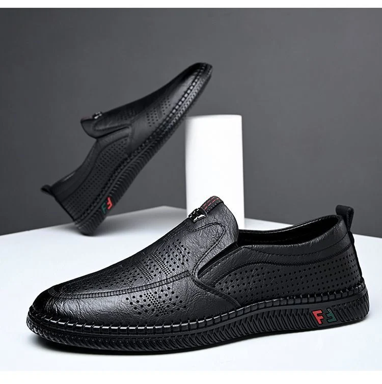 [Broken Size Processing] Leather Shoes Men's Genuine Leather Hole Shoes Dad Shoes Summer Soft Bottom Breathable Lazy Bean Shoes