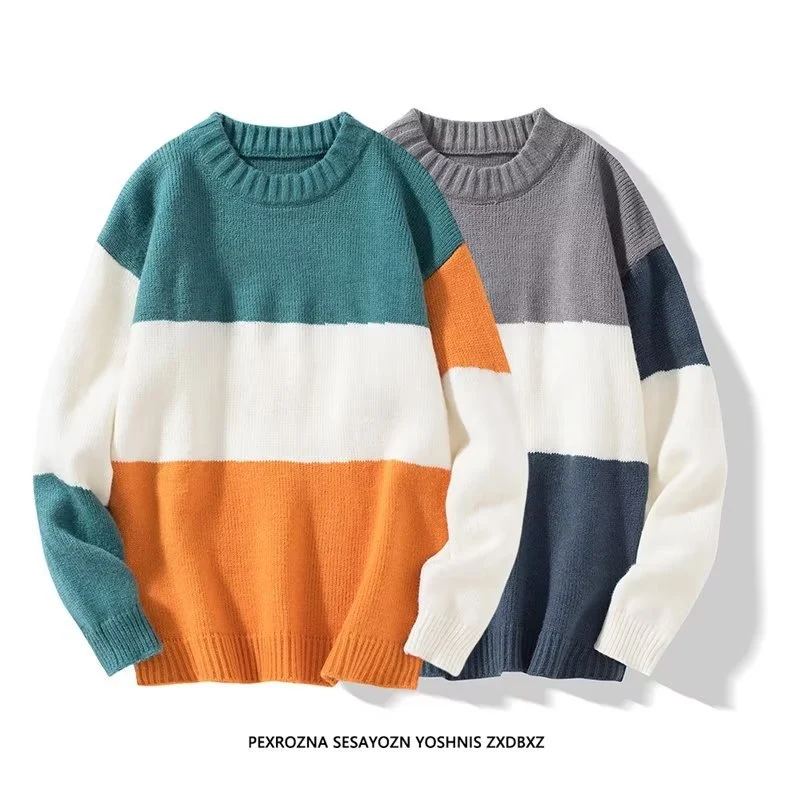 2023 autumn and winter new men's striped sweater men's casual trendy bottoming shirt color matching pullover trendy brand sweater men