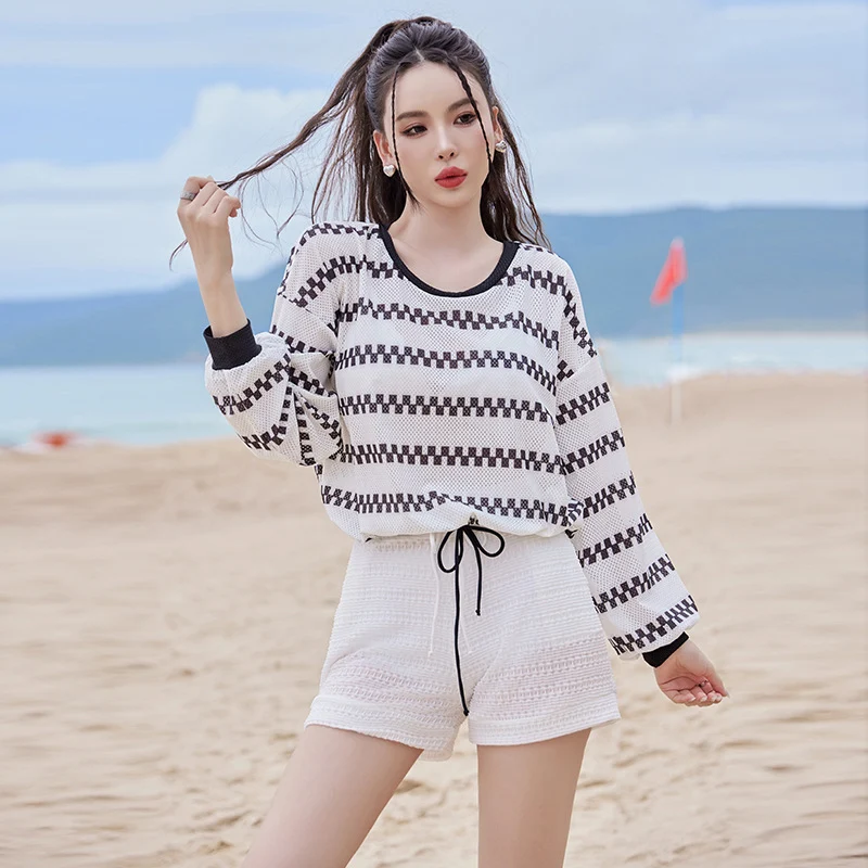 2024 new swimsuit women's split four-piece suit belly covering slimming gathered small chest South Korea ins style Hot Spring