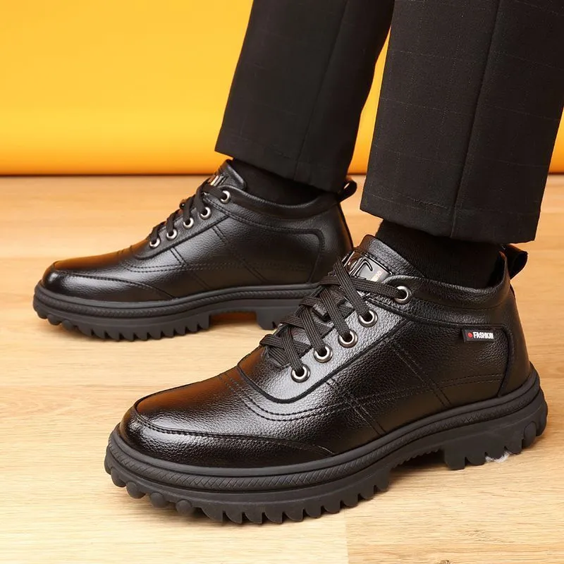 Genuine Leather leather broken size leak-picking men's cotton shoes dad shoes winter fleece-lined warm cotton leather shoes men's high-top cotton shoes