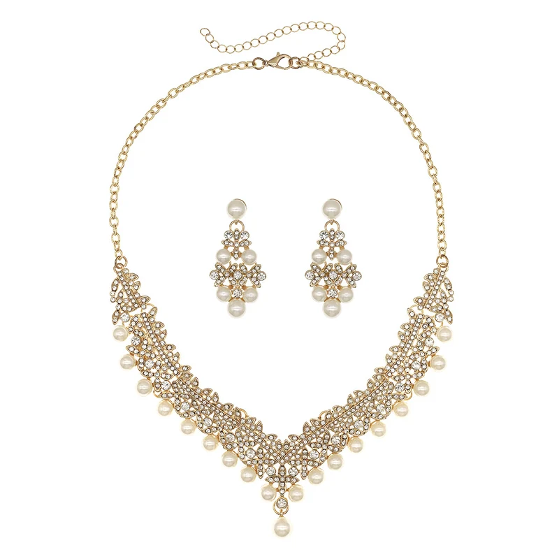 European and American Bride Jewelry Three-piece Suit High-class Dance Wedding Jewelry Alloy Diamond Crown Necklace Earrings suit