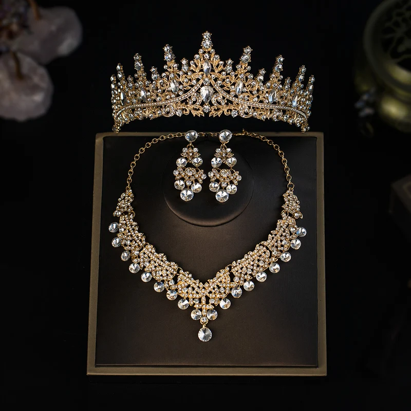 European and American Bride Jewelry Three-piece Suit High-class Dance Wedding Jewelry Alloy Diamond Crown Necklace Earrings suit